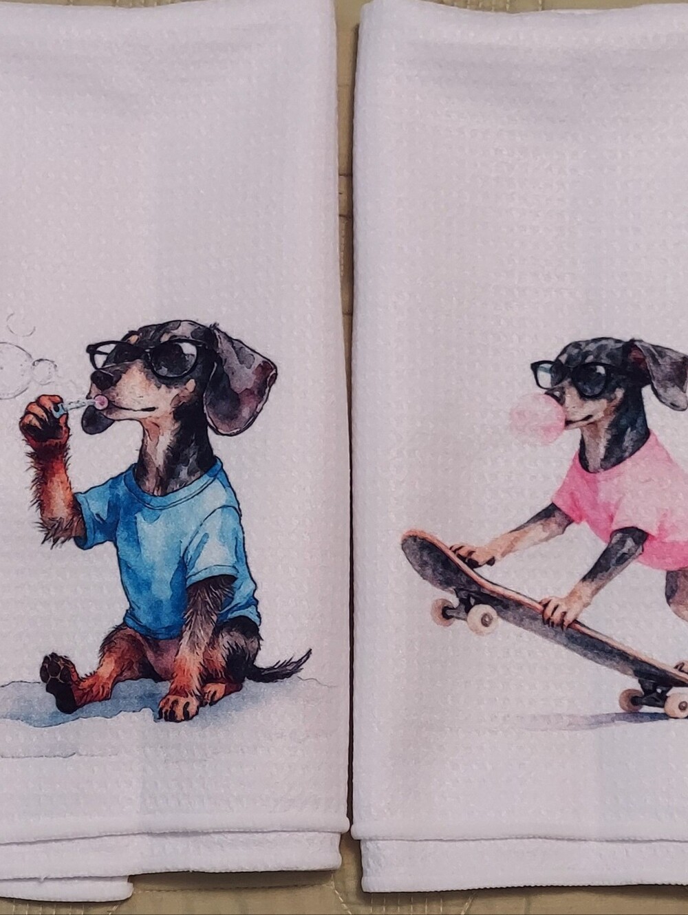 Cute Dachshund Dog Print Kitchen Towels - Blue & Pink - Set Of 2